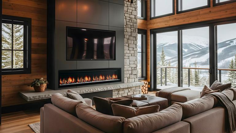 SimpliFire Allusion Edge 100 inch electric fireplace in luxury cabin