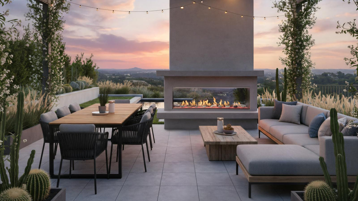 Majestic Lanai 60" Outdoor Linear Gas Fireplace, see-through, on California patio
