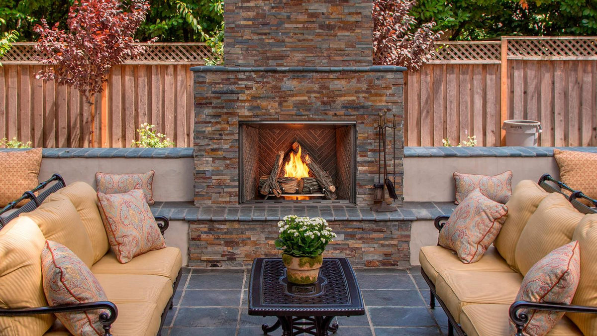 Majestic Courtyard 42" Outdoor Gas Fireplace in stacked-stone hearth patio