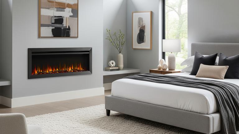 SimpliFire Allusion Slim 50 inch electric fireplace in bedroom