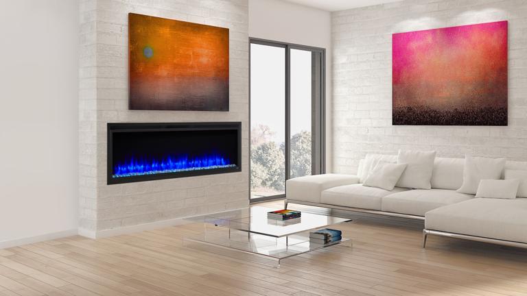 SimpliFire Allusion Platinum 60 inch electric fireplace in modern living room